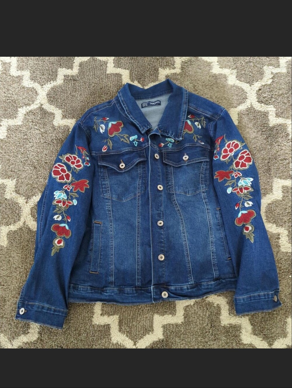Embroidered Blue Denim Jacket with Red Floral Accents